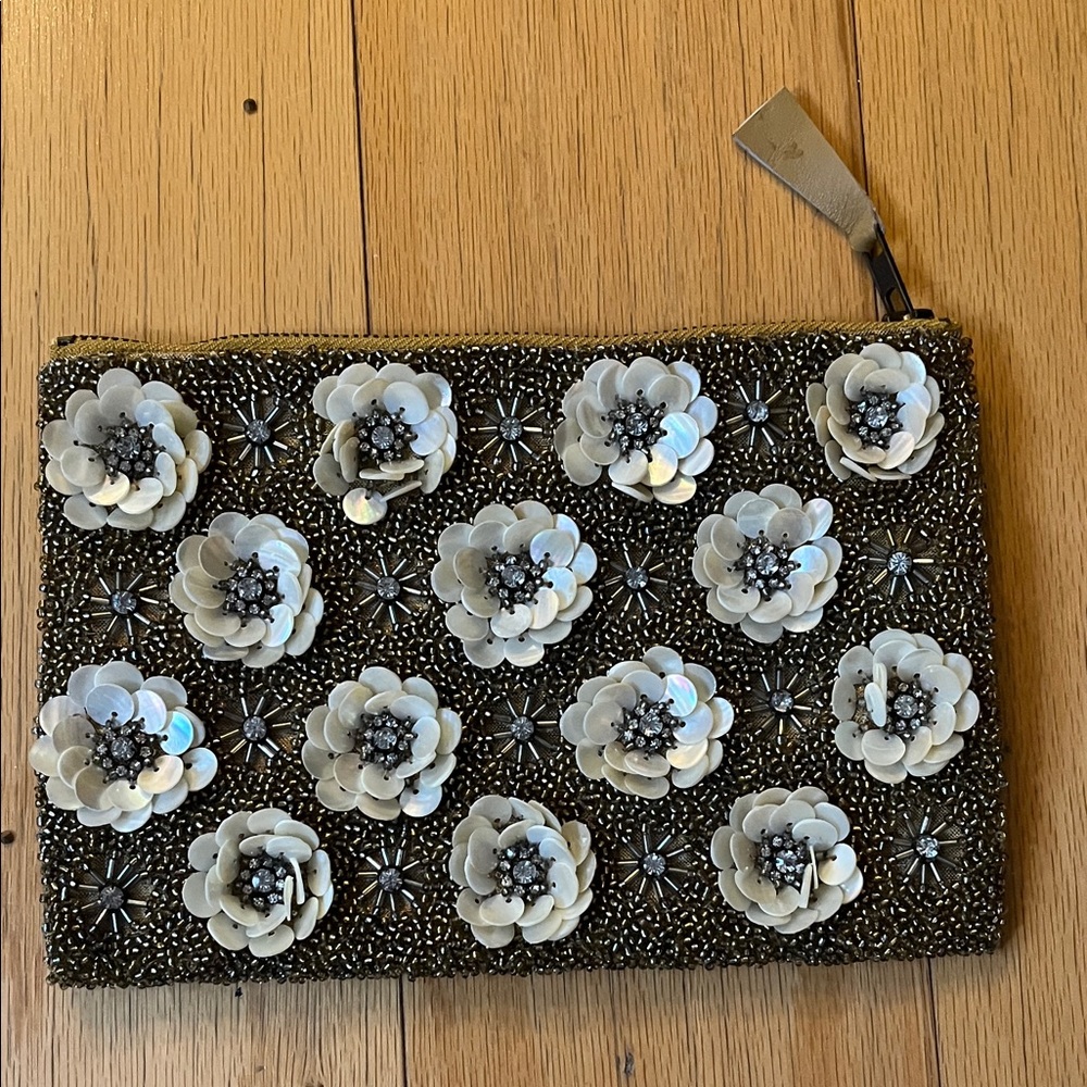 Beaded Floral Sequin Clutch - White Flowers on Gunmetal
